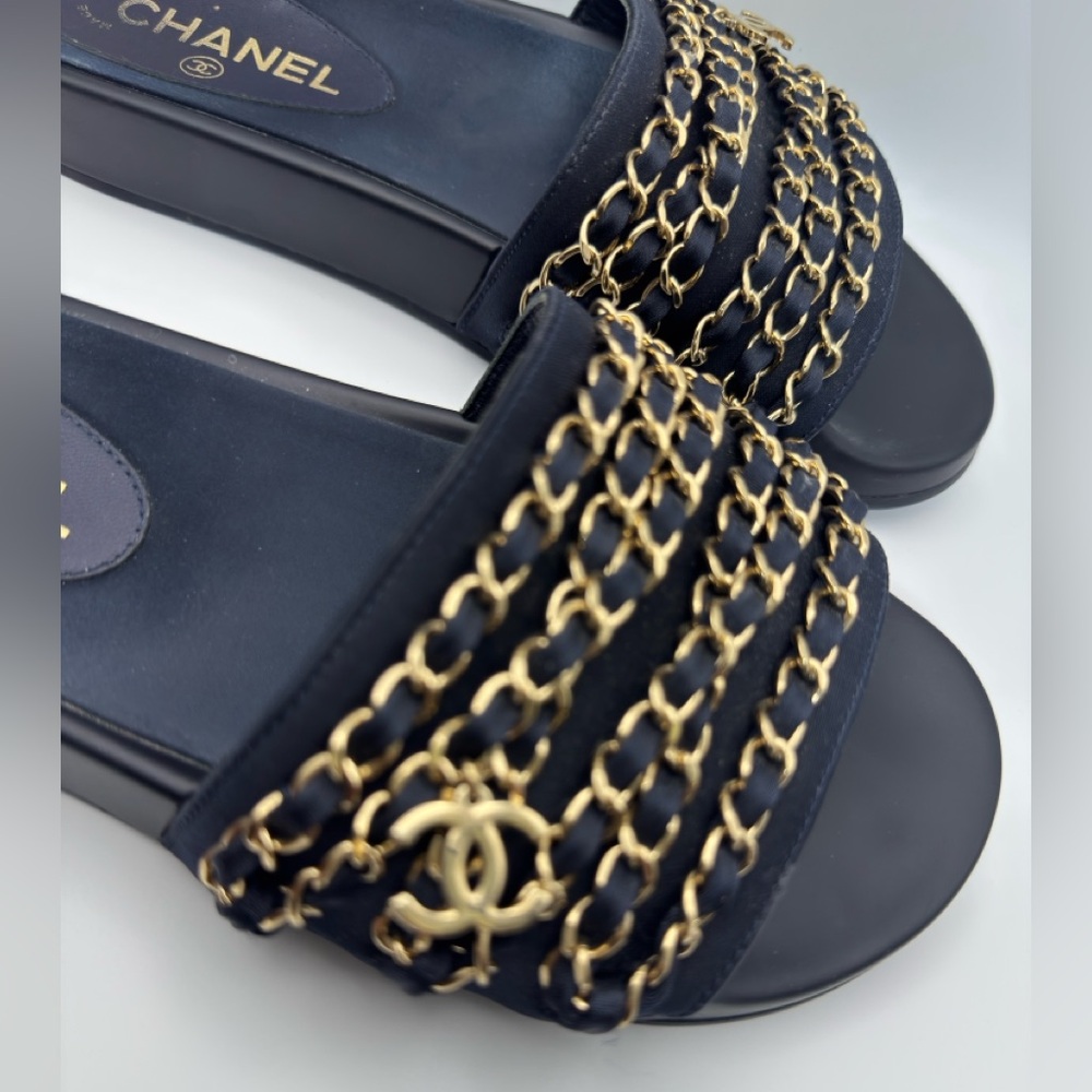 Chanel Chain Slides / Sandals - Navy Blue & Gold - Size 38 - Picture 4 of 5